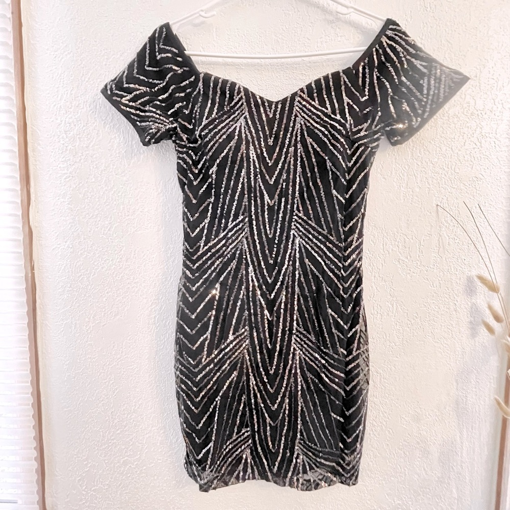 Iris // Sequined Off Shoulder Bodycon Mini Dress in Slate Black